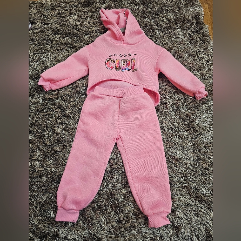 Pink Toddler Sweatsuit Sassy Girl Size 1-2 Years old closer to 2T-3T